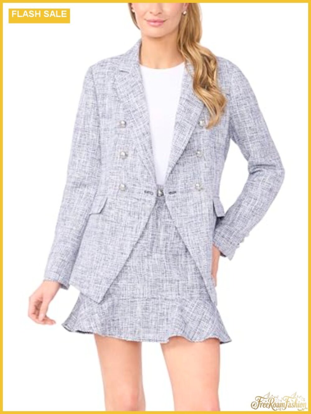 Tweed Double Breasted Blazer Structured Shoulder Pads Tailored